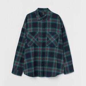 2/$30 H&M Divided Cotton Flannel Shirt Button-Down Green Checkered Small #8904